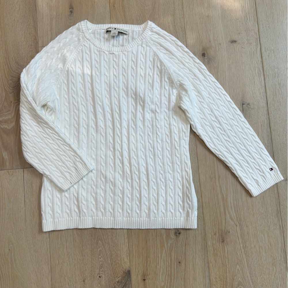 Tommy Hilfiger VTG YTK White Crewneck Cable Knit Sweater 3/4 Sleeve Womens